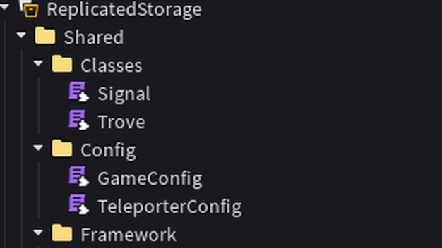 The top of the explorer tree, showing the shared classes, config and framework modules