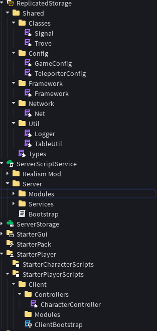 The explorer tree of the codebase, showing Shared, Server and Client folders with their modules