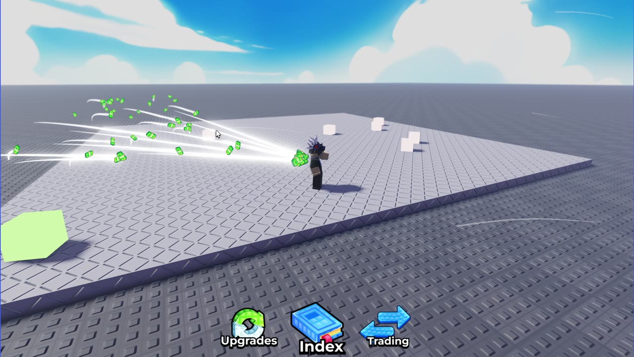A wide fan of cash notes streaming into the character from across the platform