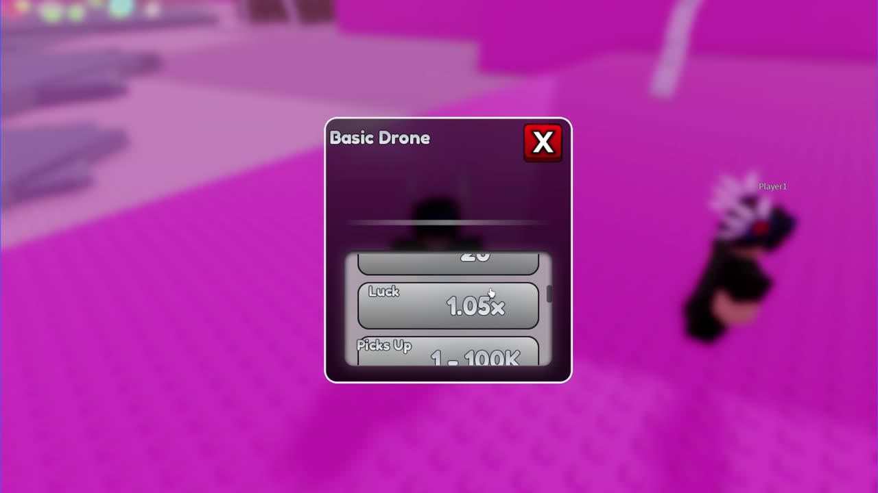 An item card showing speed, luck and pick up range for a drone